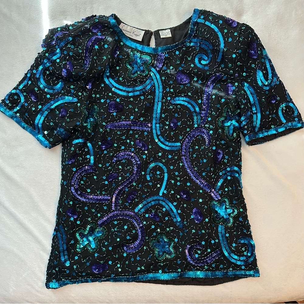 Vintage Laurence Kazar Sequin Beaded Swirl Silk Cocktail Top Petite S Black Blue